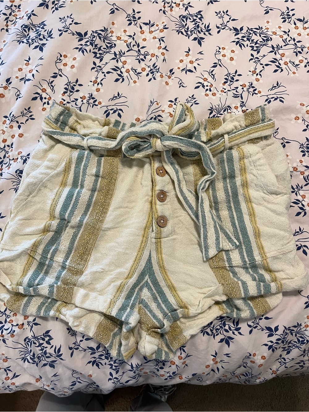 Rip Curl High-Waist Striped Paperbag Tie-Waist Women's Shorts - Cream & Blue